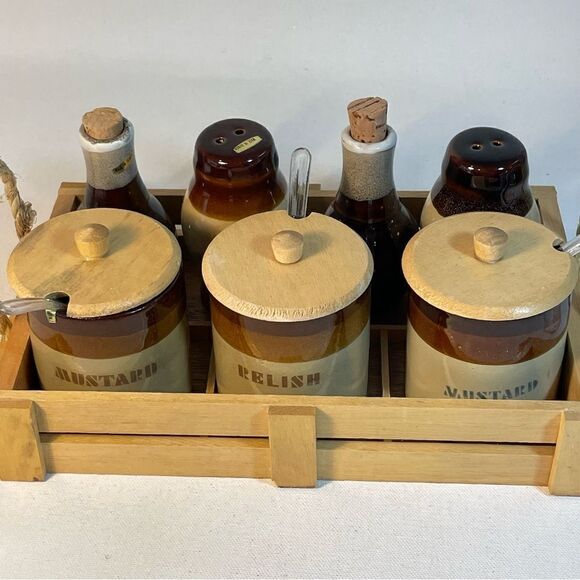 Vintage Table top relish condiments set with wooden caddy by Le Gran imports - Picture 12 of 15
